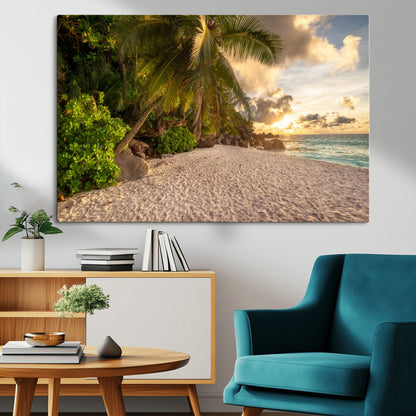 89531159-MGV-CV-36X24-Tropical Beach Sunset Canvas Wall Art – Palm Trees Golden Sand Ocean Waves Coastal Paradise Print for Beach House Bedroom Bathroom