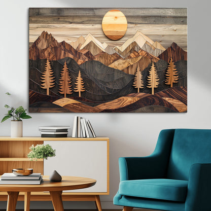 90044381-MGV-CV-36X24-Rustic Wall Art – Wooden Mountain Landscape with Sun and Pine Trees, Handcrafted Nature Canvas Style Decor for Bedroom, Living