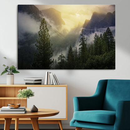 38316884-MGV-CV-36X24-Landscape Wall Art – Misty Mountain Valley Canvas Print, Scenic Pine Forest and Sunrise Photography Decor for Bedroom, Living