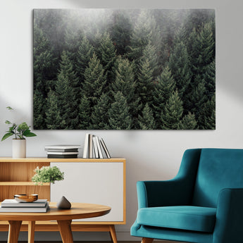 84059409-MGV-CV-36X24-Forest Wall Art – Misty Evergreen Trees Canvas Print, Tranquil Nature Photography Decor for Bedroom, Living Room, Office, Cabin or