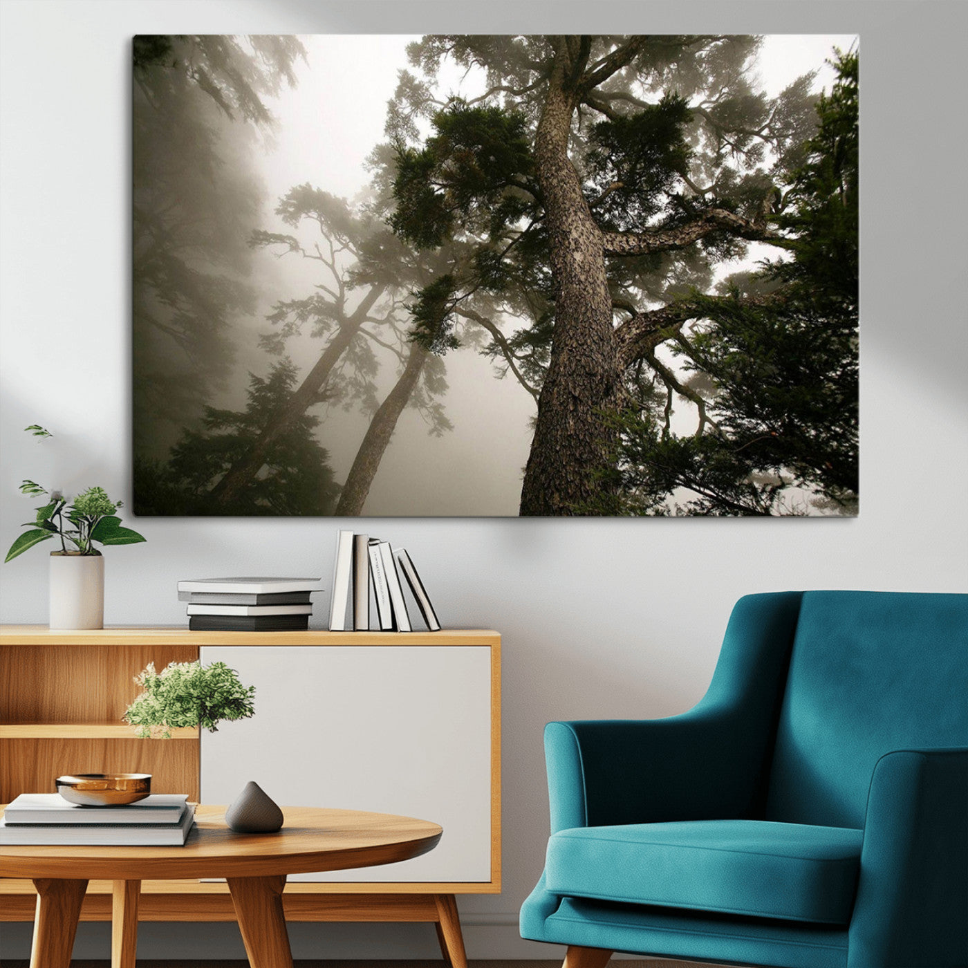 87969493-MGV-CV-36X24-Forest Wall Art – Misty Tall Trees Canvas Print, Dramatic Woodland Photography Decor for Bedroom, Living Room, Office, Cabin,
