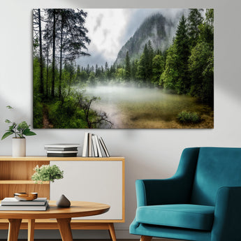 93123937-MGV-CV-36X24-Landscape Wall Art – Misty Mountain Lake Canvas Print, Tranquil Forest and Waterfall Photography Decor for Bedroom, Living Room,