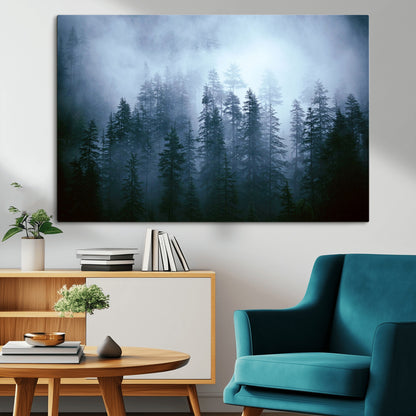 93439624-MGV-CV-36X24-Forest Wall Art – Misty Pine Trees Canvas Print, Moody Nature Photography Decor for Bedroom, Living Room, Office, Cabin, Lodge or