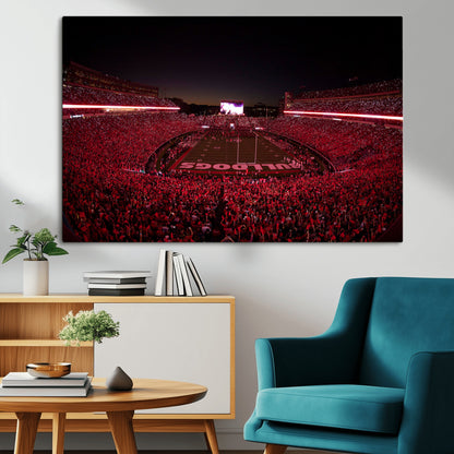 38331045-MGV-CV-36X24-Sanford Stadium Wall Art – Panoramic Georgia Bulldogs Red Light Game Football Canvas Print, Night Crowd Sports Decor for Office,