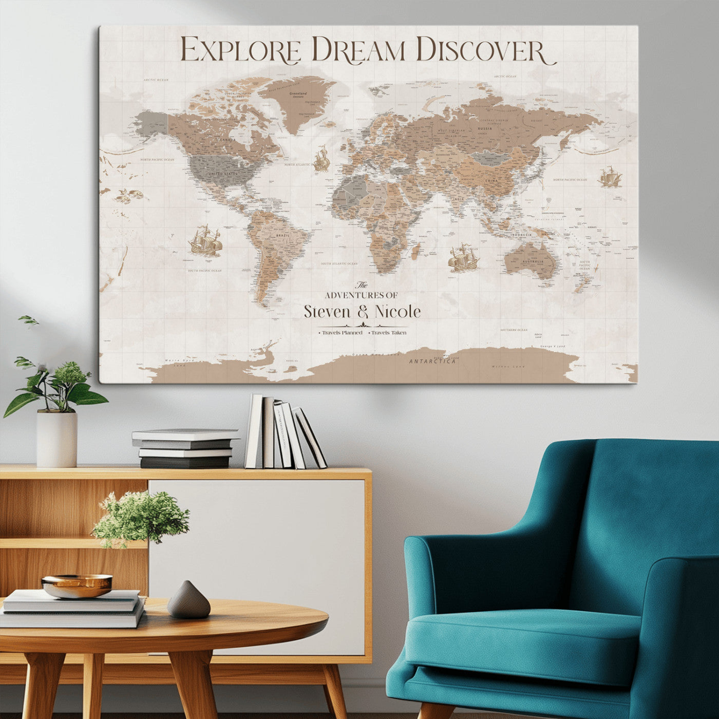 56148717-MGV-CV-36X24-Personalized World Map Wall Art – Neutral Beige & Brown Vintage Adventure Travel Map with Custom Couple Names, Classic Wall Decor