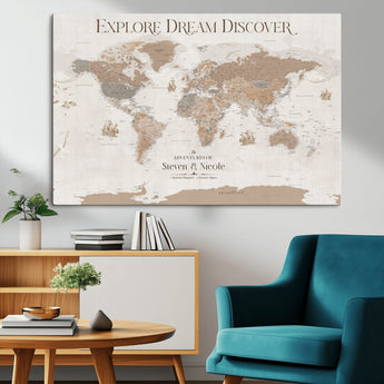 56148717-MGV-CV-36X24-Personalized World Map Wall Art – Neutral Beige & Brown Vintage Adventure Travel Map with Custom Couple Names, Classic Wall Decor