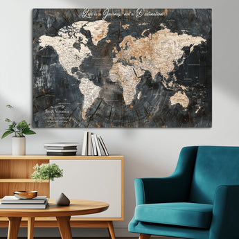 55548943-MGV-CV-36X24-Personalized World Map Wall Art – Rustic Wood Texture Adventure Travel Map with Custom Couple Names, Vintage Dark Wall Decor for