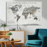 97082026-MGV-CV-36X24-Personalized World Map Wall Art – Vintage Gray Adventure Travel Map with Custom Couple or Family Names, Rustic Wall Decor for Home