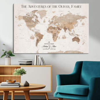 43869621-MGV-CV-36X24-Personalized World Map Wall Art – Light Beige Sepia Adventure Travel Map with Custom Family or Couple Names, Rustic Wall Decor for