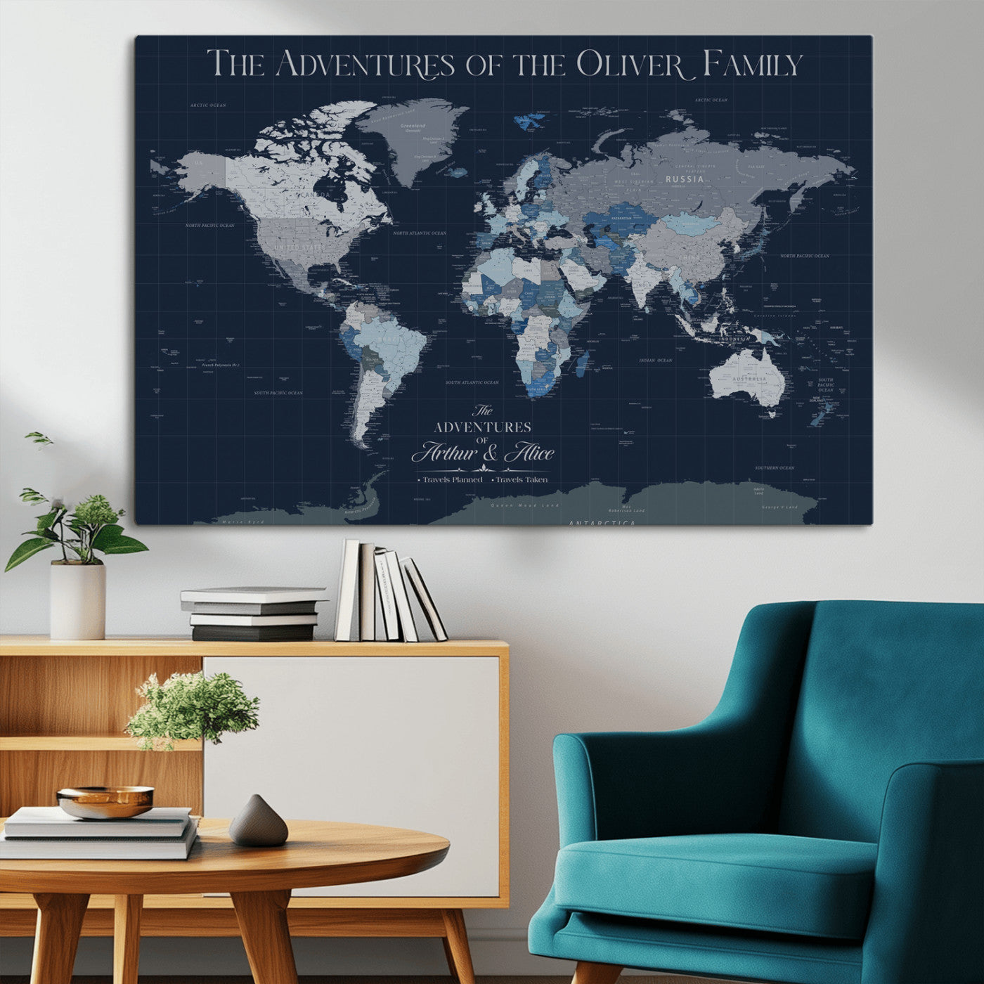 76726424-MGV-CV-36X24-Personalized World Map Wall Art – Navy Blue & Grey Adventure Travel Map with Custom Family or Couple Names, Modern Wall Decor for