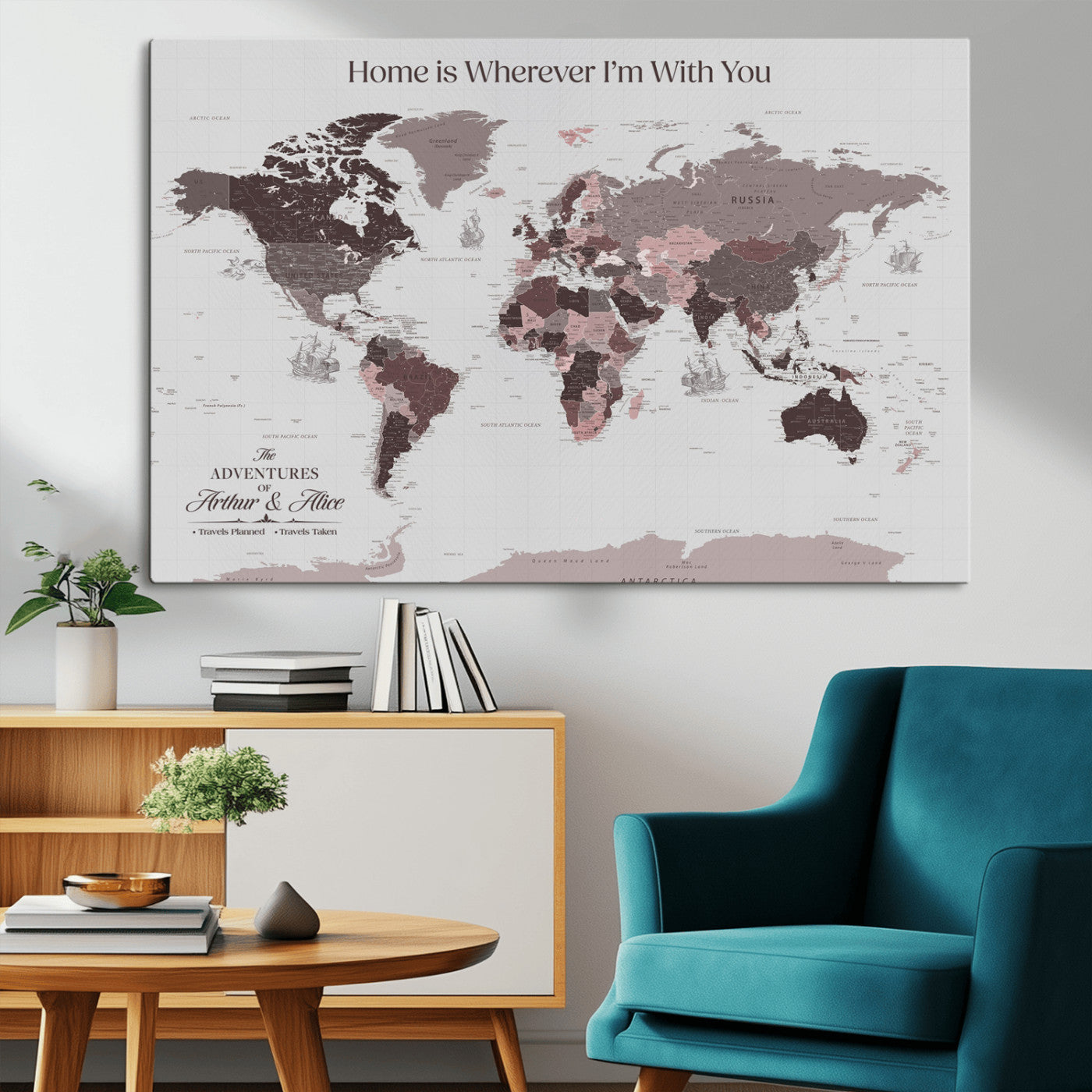 33204797-MGV-CV-36X24-Personalized World Map Wall Art – Burgundy & Grey Adventure Travel Map with Custom Names, Romantic Wall Decor for Couples, Home or