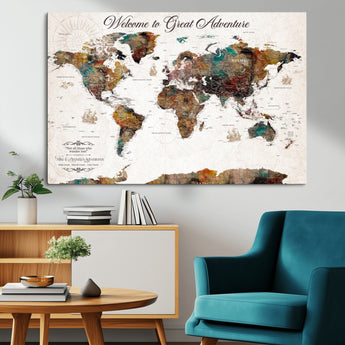 67029173-MGV-CV-36X24-Personalized World Map Wall Art – Colorful Vintage Adventure Travel Map with Custom Couple Names, Rustic Wall Decor for Home,