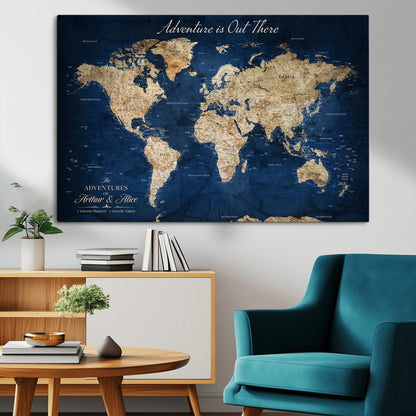71052542-MGV-CV-36X24-Personalized World Map Wall Art – Rustic Navy Blue Adventure Travel Map with Custom Couple Names, Vintage Wall Decor for Home or