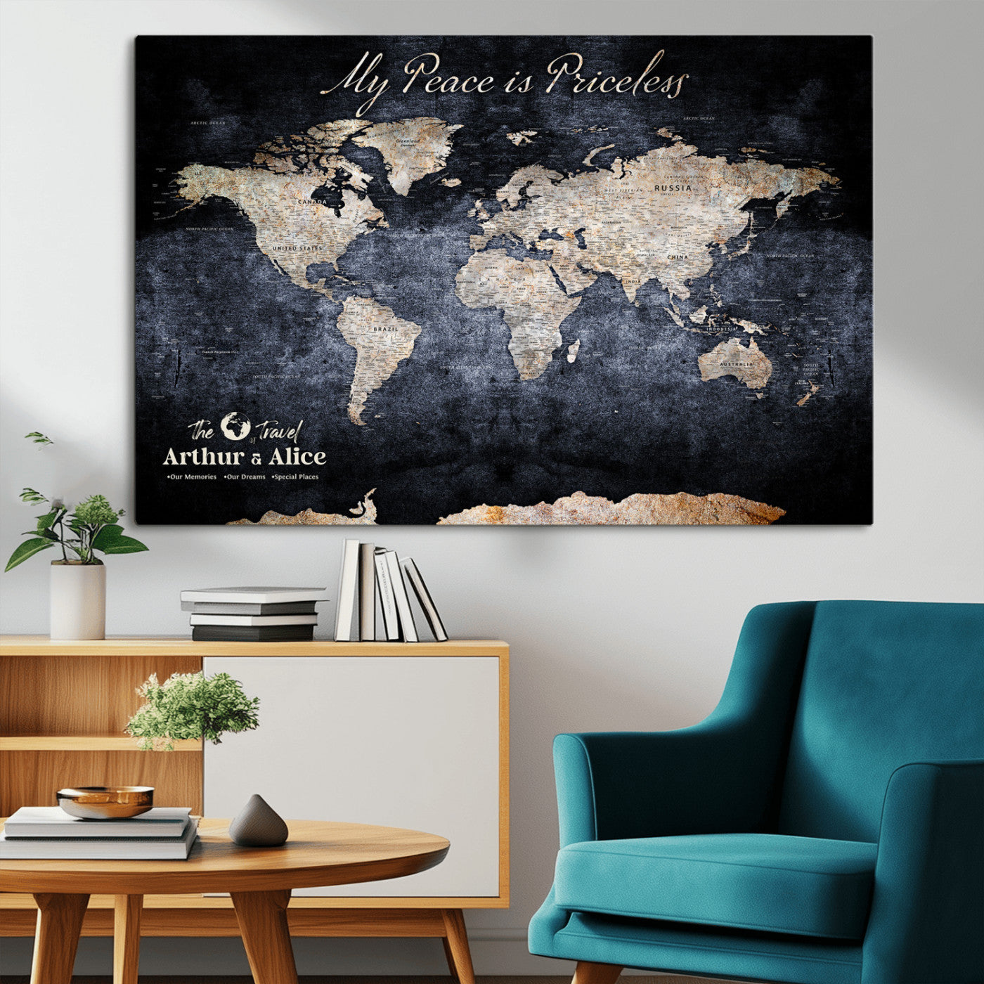 85403043-MGV-CV-36X24-Personalized World Map Wall Art – Dark Blue Rustic Adventure Map with Custom Couple Names, Vintage Wall Decor for Home or Travel