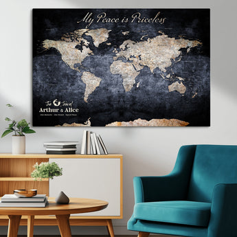 85403043-MGV-CV-36X24-Personalized World Map Wall Art – Dark Blue Rustic Adventure Map with Custom Couple Names, Vintage Wall Decor for Home or Travel