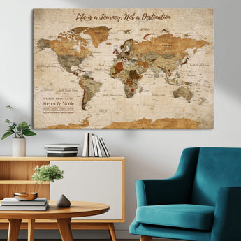75179116-MGV-CV-36X24-Personalized World Map Wall Art – Rustic Vintage Travel Map with Custom Names, Inspirational Adventure Décor for Couples, Families