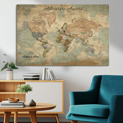 62500285-MGV-CV-36X24-Personalized World Map Wall Art – Rustic Watercolor Adventure Awaits Travel Map with Custom Couple Names, Vintage Wall Decor for