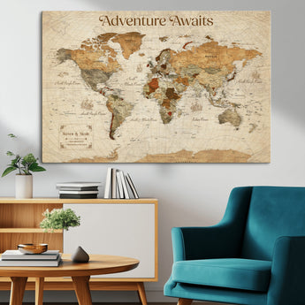 18685073-MGV-CV-36X24-Personalized World Map Wall Art – Antique Vintage Parchment Adventure Awaits Travel Map with Custom Couple Names, Rustic Wall