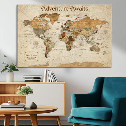18685073-MGV-CV-36X24-Personalized World Map Wall Art – Antique Vintage Parchment Adventure Awaits Travel Map with Custom Couple Names, Rustic Wall