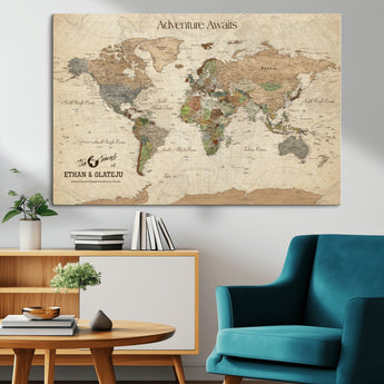 62766900-MGV-CV-36X24-Personalized World Map Wall Art – Antique Parchment Adventure Travel Map with Custom Couple Names, Rustic Wall Decor for Home,
