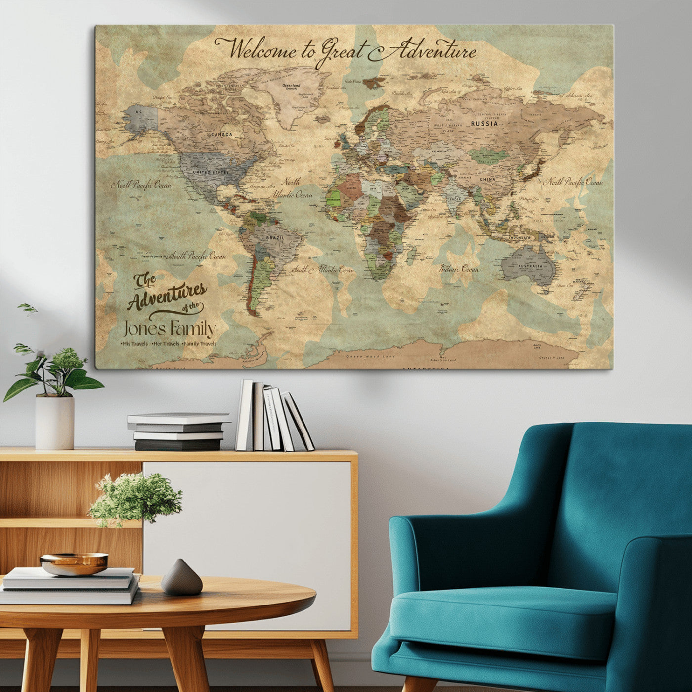 32019746-MGV-CV-36X24-Personalized World Map Wall Art – Vintage Camo Adventure Travel Map with Custom Family Names, Rustic Wall Decor for Couples, Home