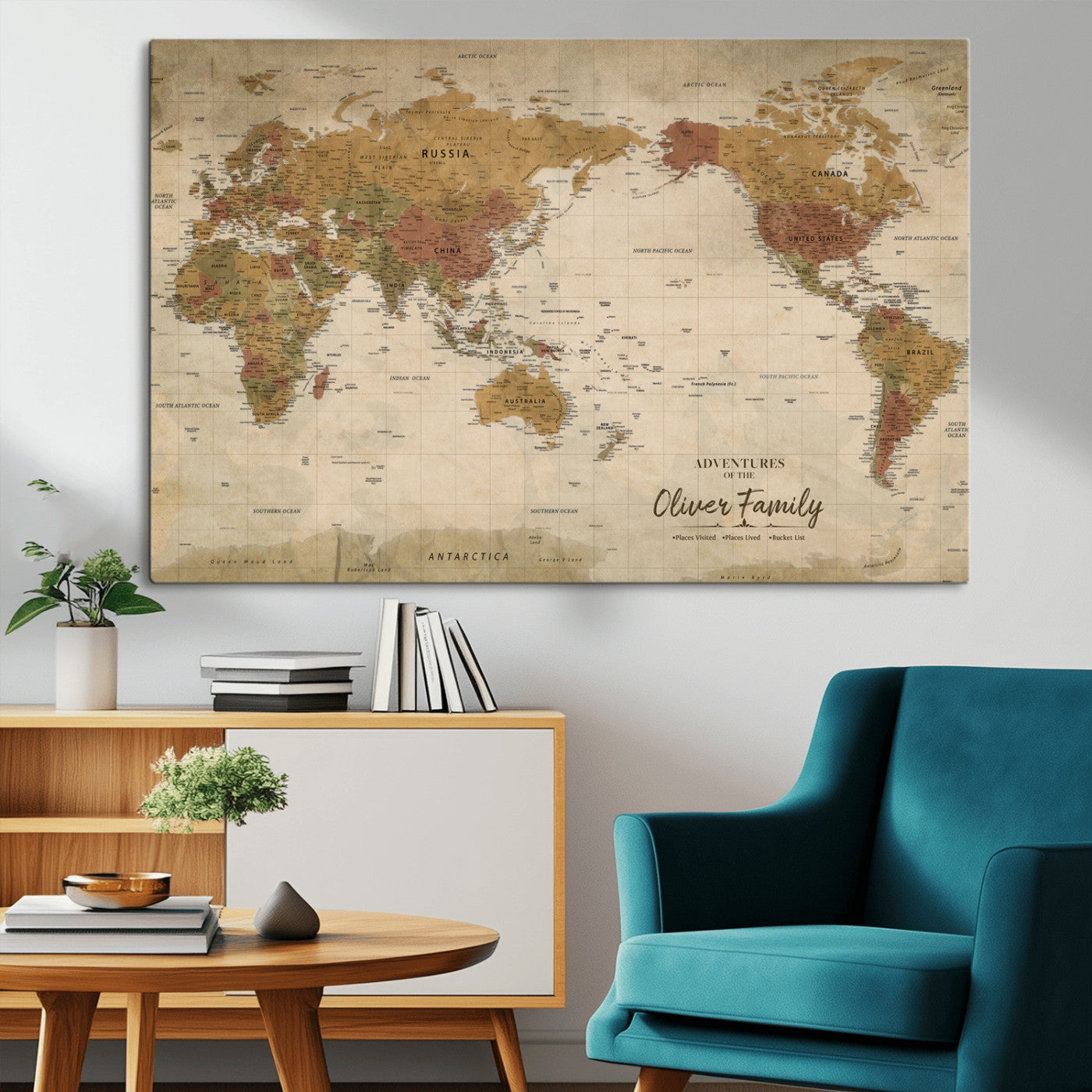 31874045-MGV-CV-36X24-Personalized World Map Wall Art – Vintage Earth Tone Adventure Map with Custom Family Names, Rustic Travel Decor for Home, Couples