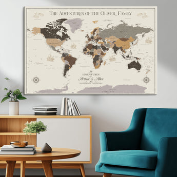 40679469-MGV-CV-36X24-Personalized World Map Wall Art – Neutral Tones Adventure Travel Map with Custom Family Names, Rustic Wall Decor for Living Room