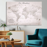 11706567-MGV-CV-36X24-Personalized World Map Wall Art – Minimalist Beige Adventure Travel Map with Custom Names, Elegant Push Pin Canvas for Couples,