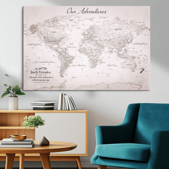 11706567-MGV-CV-36X24-Personalized World Map Wall Art – Minimalist Beige Adventure Travel Map with Custom Names, Elegant Push Pin Canvas for Couples,