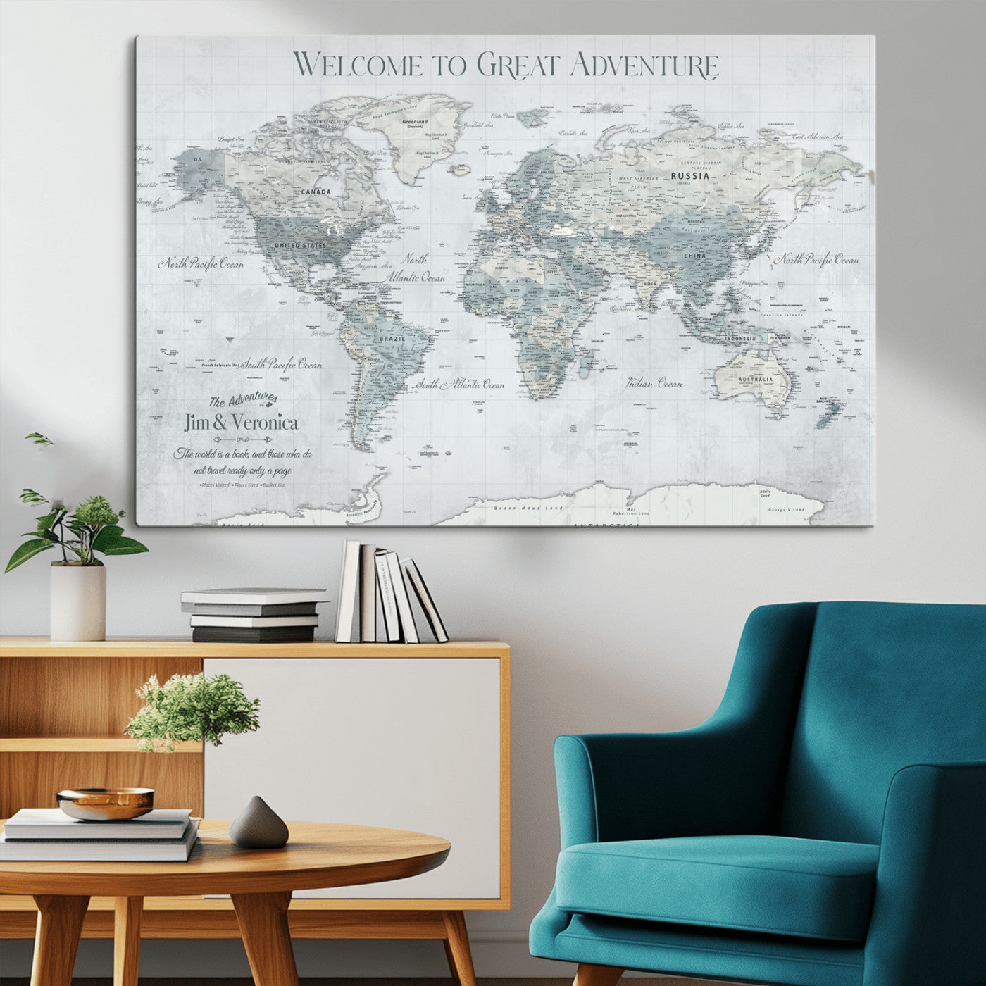 70605050-MGV-CV-36X24-Personalized World Map Wall Art – Cool Gray Adventure Travel Map with Custom Names, Elegant Push Pin Canvas for Couples, Family