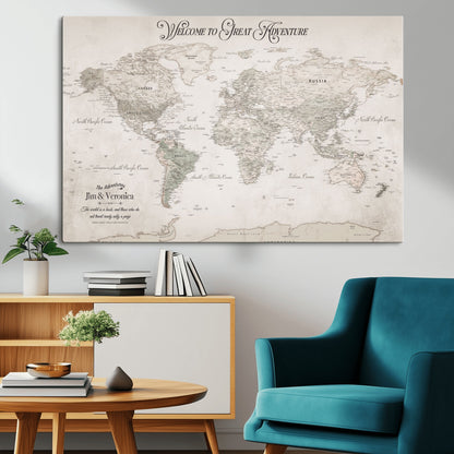 93034948-MGV-CV-36X24-Personalized World Map Wall Art – Vintage Beige Adventure Travel Map with Custom Names, Elegant Push Pin Canvas for Couples,