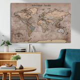 93226713-MGV-CV-36X24-Personalized World Map Wall Art – Adventure Awaits Rustic Earth-Tone Travel Map with Custom Names, Vintage Wall Decor for Couples,