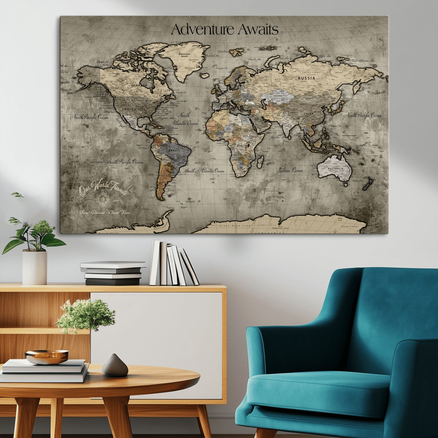 72658967-MGV-CV-36X24-Personalized World Map Wall Art – Adventure Awaits Rustic Sepia Travel Map with Custom Names, Vintage Wall Decor for Couples, Home