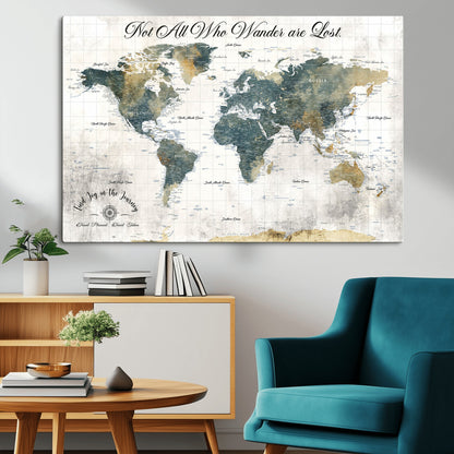 16233493-MGV-CV-36X24-Personalized World Map Wall Art – Rustic Blue Green Wanderlust Travel Map with Custom Couple Names, Vintage Wall Decor for Home