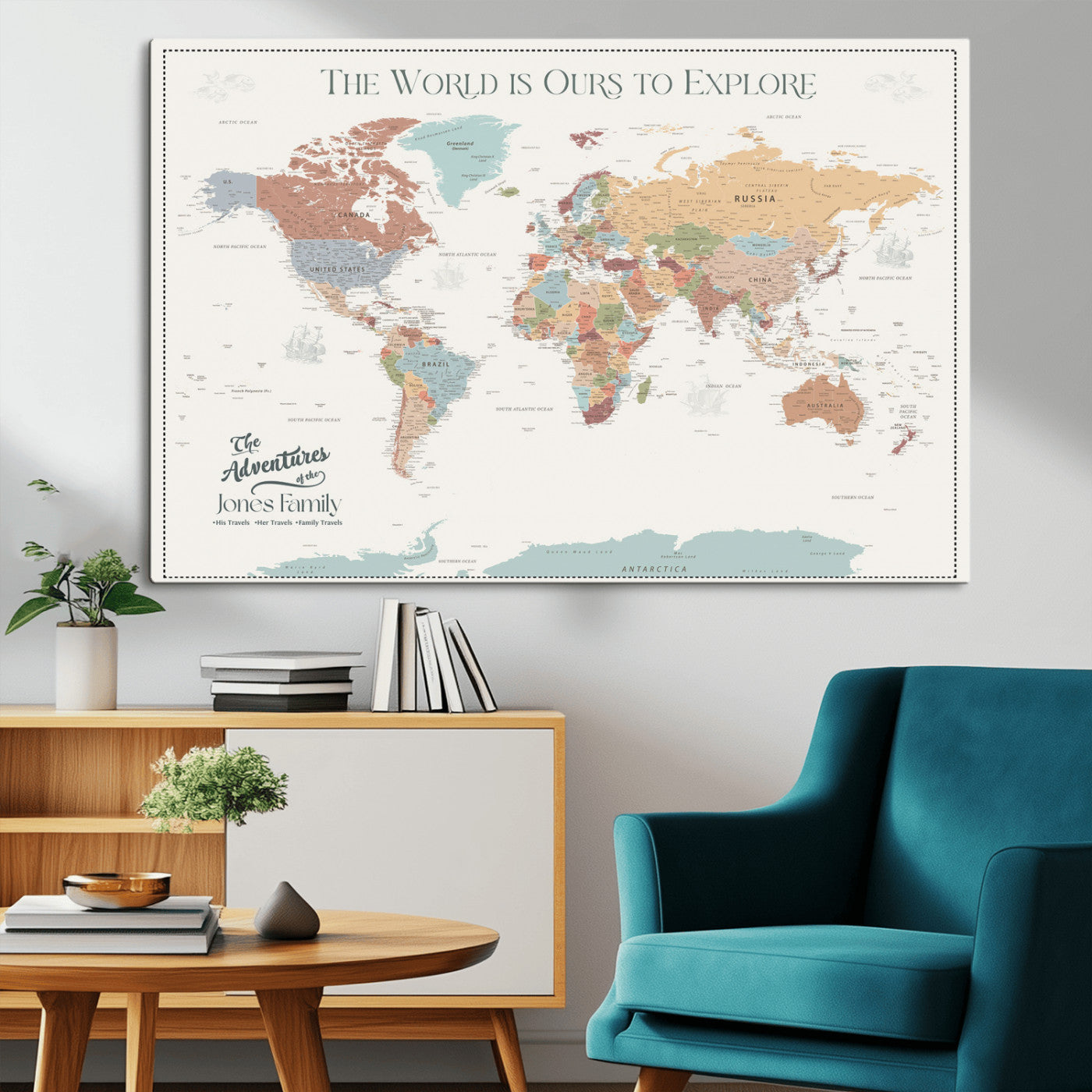 69180591-MGV-CV-36X24-Personalized World Map Wall Art – Rustic Vintage Adventure Travel Map with Custom Family Names, Unique Wall Decor for Couples,