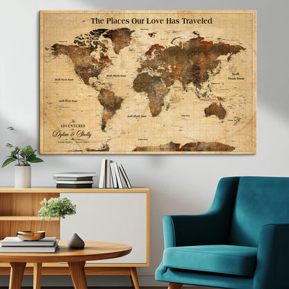 50680593-MGV-CV-36X24-Personalized World Map Wall Art – Rustic Brown Adventure Travel Map with Custom Names, Elegant Push Pin Canvas for Couples Home,