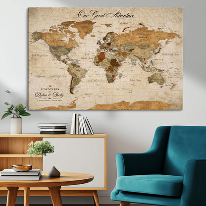 91961147-MGV-CV-36X24-Personalized World Map Wall Art – Vintage Sepia Adventure Travel Map with Custom Couple Names, Rustic Wall Decor for Home, Couples