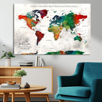 95876117-MGV-CV-36X24-Personalized World Map Wall Art – Colorful Watercolor Travel Map with Custom Names, Romantic Wall Decor for Couples, Wedding or