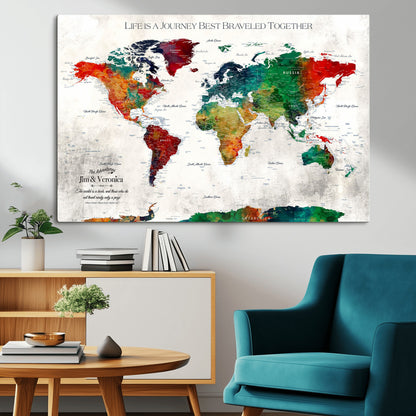 95876117-MGV-CV-36X24-Personalized World Map Wall Art – Colorful Watercolor Travel Map with Custom Names, Romantic Wall Decor for Couples, Wedding or
