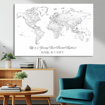 43438578-MGV-CV-36X24-Personalized World Map Wall Art – Black and White Minimal Travel Map with Custom Names, Elegant Wall Decor for Couples, Wedding or