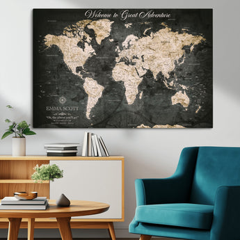 70534097-MGV-CV-36X24-Personalized World Map Wall Art – Dark Vintage Adventure Style Travel Map with Custom Names, Unique Wall Decor for Couples, Home