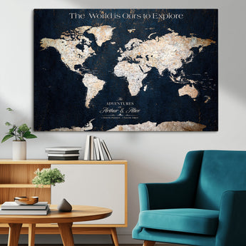 13231361-MGV-CV-36X24-Personalized World Map Wall Art – Navy Blue Vintage Adventure Travel Map with Custom Names, Elegant Push Pin Canvas for Couples