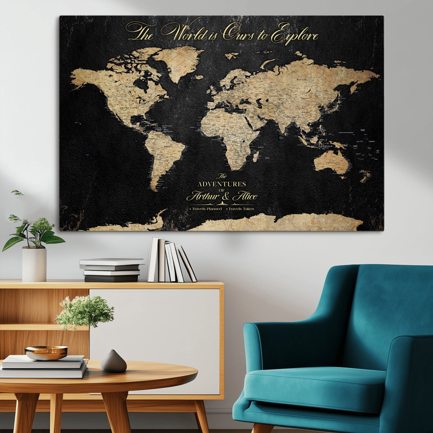 98947257-MGV-CV-36X24-Personalized World Map Wall Art – Vintage Black Adventure Travel Map with Custom Names, Elegant Push Pin Canvas for Couples Home