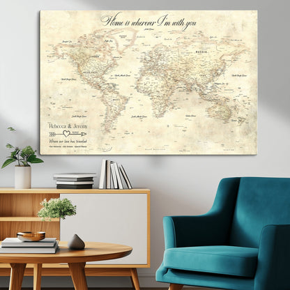 57950315-MGV-CV-36X24-Personalized World Map Wall Art – Vintage Beige Travel Map with Custom Names, Romantic Anniversary Gift for Couples, Adventure
