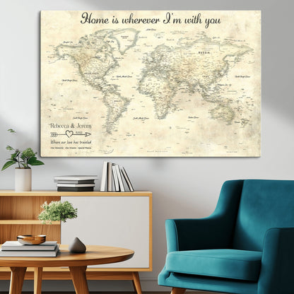 35009043-MGV-CV-36X24-Personalized World Map Wall Art – Vintage Beige Travel Map with Custom Names and Date, Romantic Anniversary Gift for Couples Home