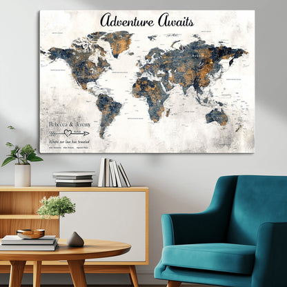 11751559-MGV-CV-36X24-Personalized World Map Wall Art – Elegant Adventure Travel Tracker Map for Couples & Families, Push Pin Canvas Poster Decor for Home, Office
