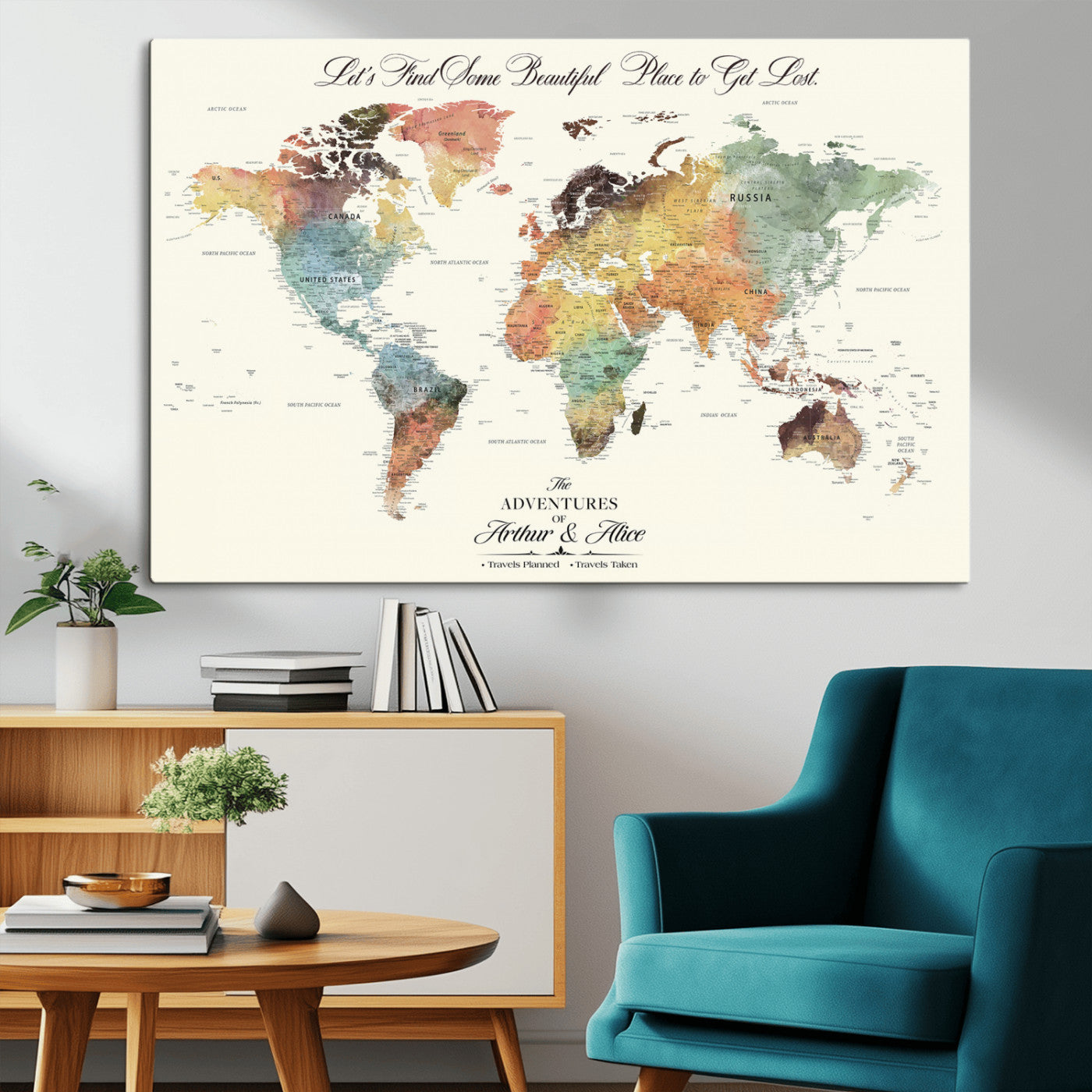 10311652-MGV-CV-36X24-Personalized World Map Wall Art - Watercolor Travel Map with Custom Names Minimalist Design for Couples&Families - Decor for Home,