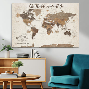 14140137-MGV-CV-36X24-Personalized World Map Wall Art – Vintage Nautical Adventure Map with Ships and Compass, Rustic Sepia Tones for Travel Lovers and