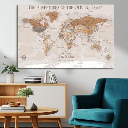 34289723-MGV-CV-36X24-Personalized World Map Wall Art – Elegant Beige and Brown Adventure Map Canvas Print for Family Home, Living Room, Study or Office