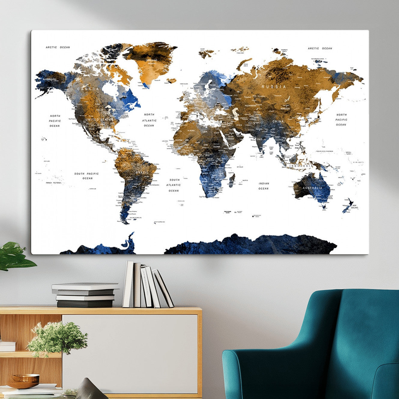 MGV-CV-36X24 - World Map Wall Art Canvas Print, Framed Blue Gold Map Art Picture Print, Rustic Atlas Perfect Rustic Modern Decor Artwork